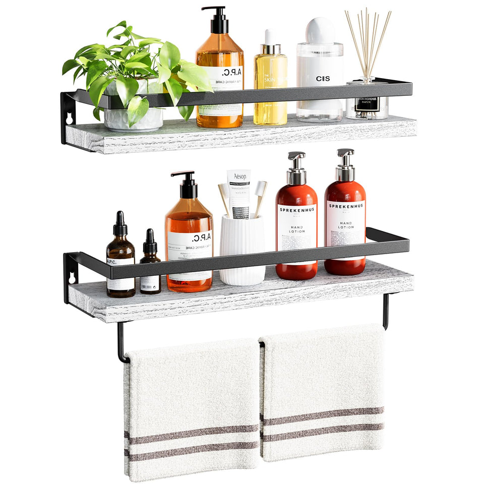 AMADA HOMEFURNISHING bathroom shelves with towel bar, front view, white, ideal for towels and decor.