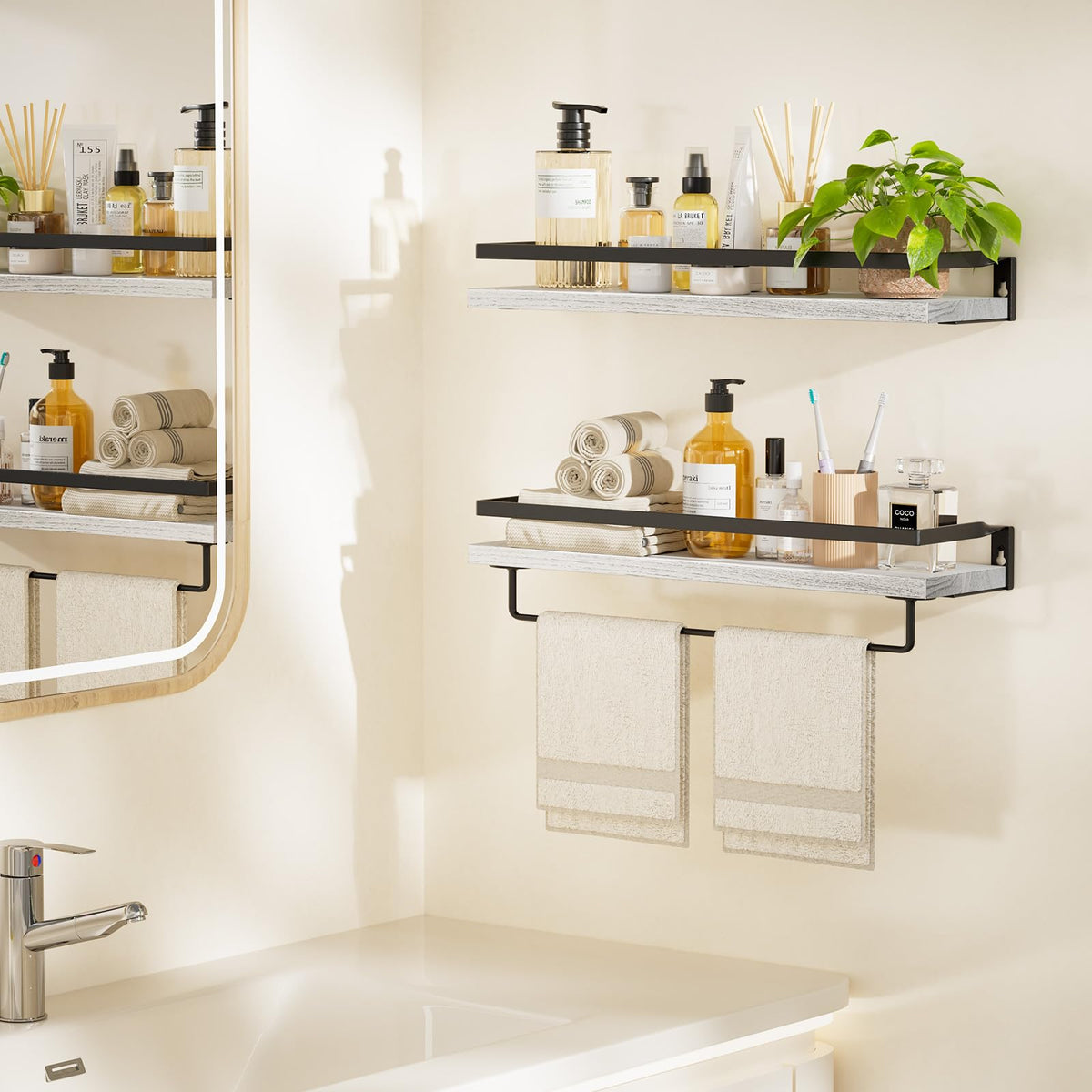 AMADA HOMEFURNISHING bathroom shelves with towel bar, side view, sturdy brackets for reliable support.