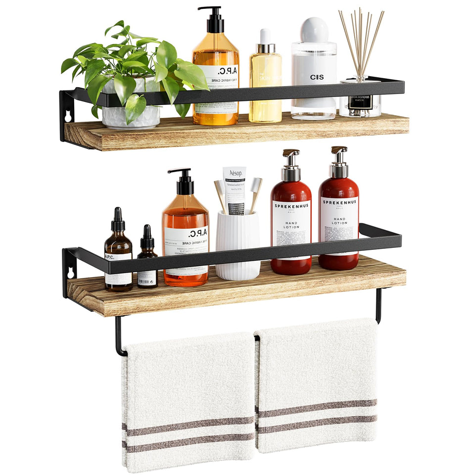 AMADA HOMEFURNISHING bathroom shelves with towel bar mounted on wall for organized storage.