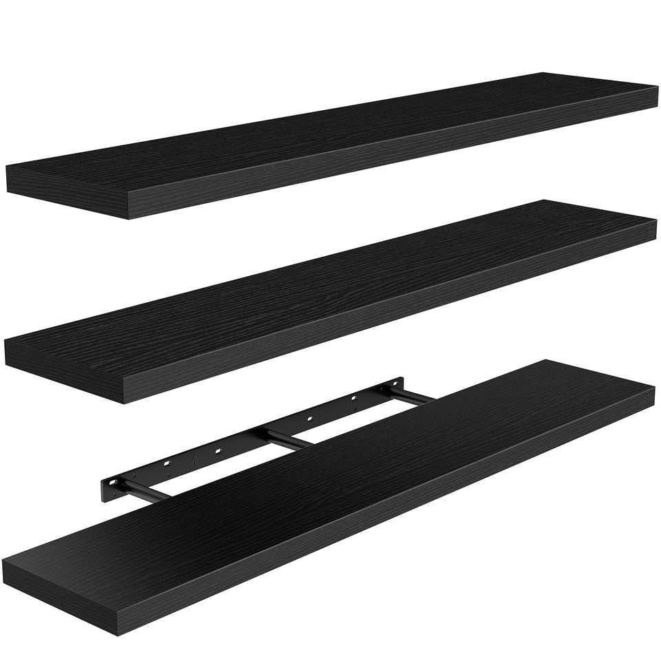 AMADA HOMEFURNISHING floating shelves on living room wall maximize space with a clean, modern display.