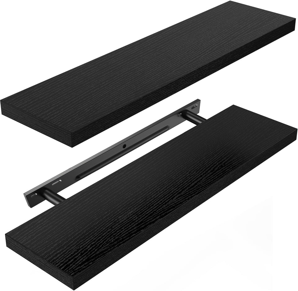 AMADA floating shelves in matte black provide bathroom storage and display.