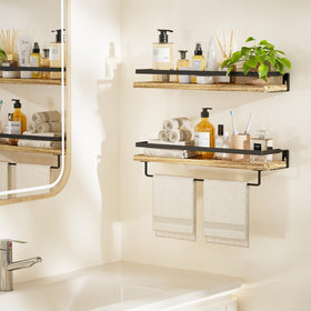 AMADA HOMEFURNISHING floating shelves showcase wood grain and clean lines in living spaces.