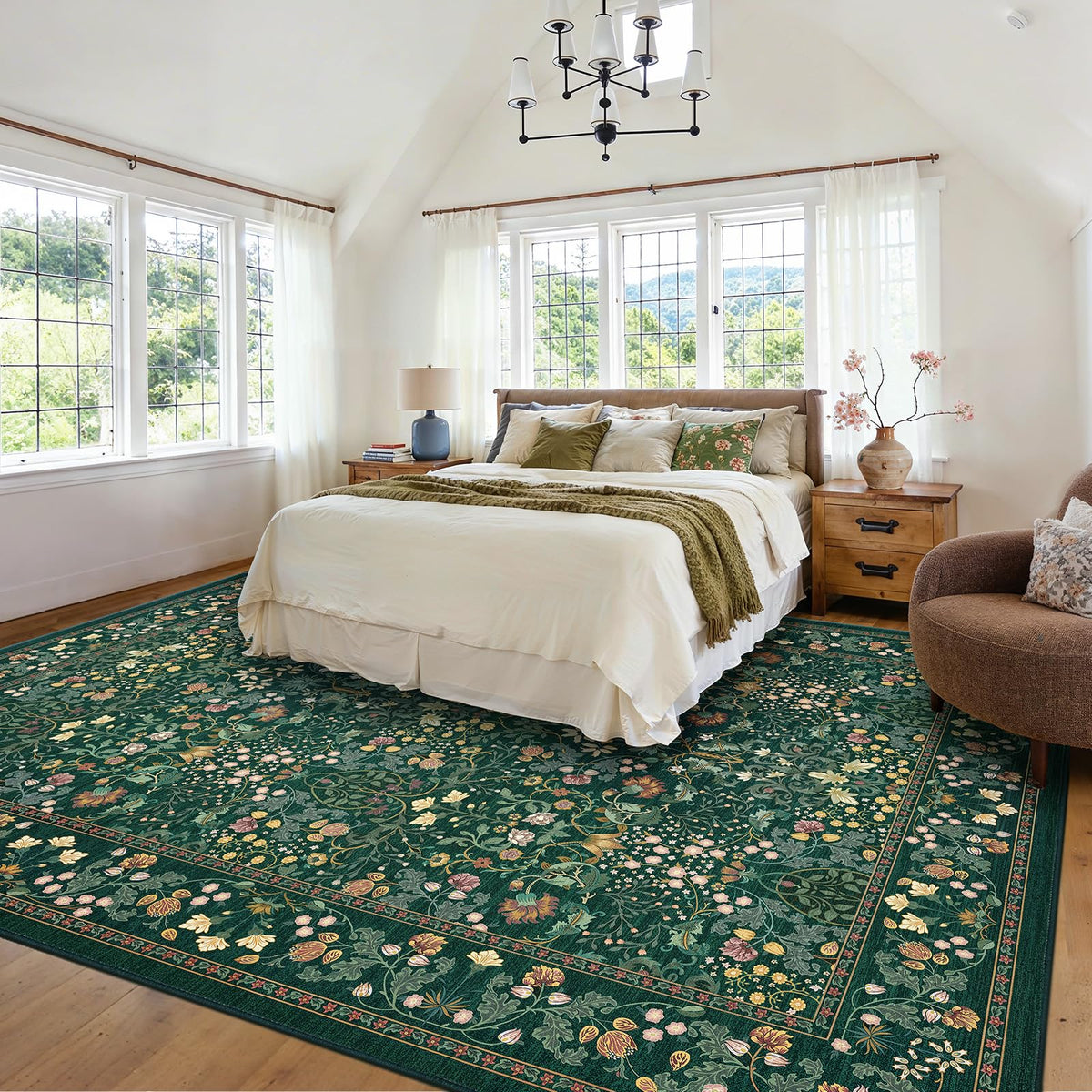 AMADA HOMEFURNISHING floral-pattern rug displays vibrant greenery and delicate blossoms in living spaces.
