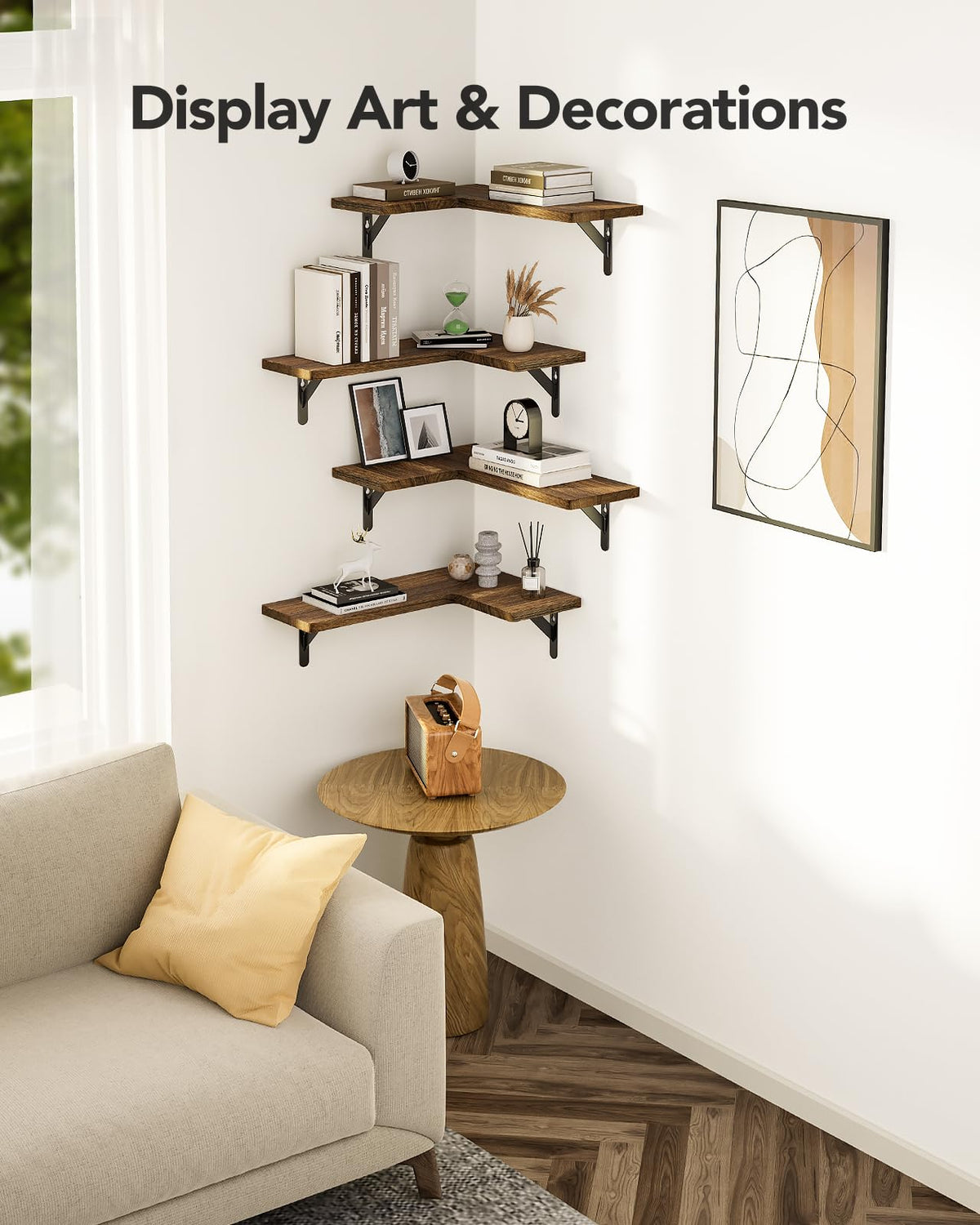 AMADA HOMEFURNISHING living room setup shows shelves holding books and decor.
