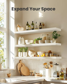 AMADA HOMEFURNISHING MDF laminate shelves offer durable, wipe-clean surfaces for kitchens and bathrooms.