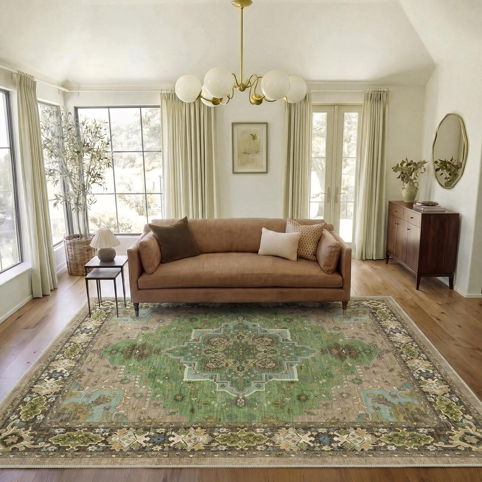 AMADA HOMEFURNISHING Vintage Luxe Rug 8x10 in living room adding timeless charm.