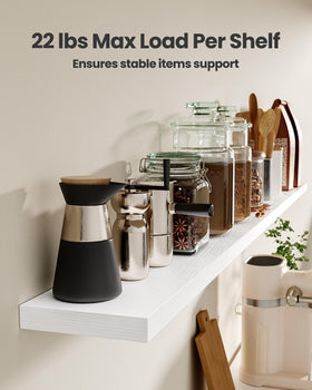 AMADA bathroom organization on slim white floating shelves.