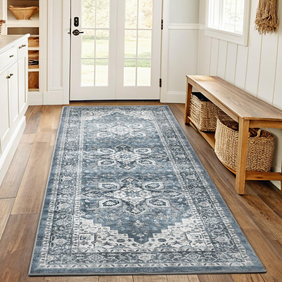 AMADA HomeFurnishing washable runner rug with low-profile design for under doors in high-traffic areas