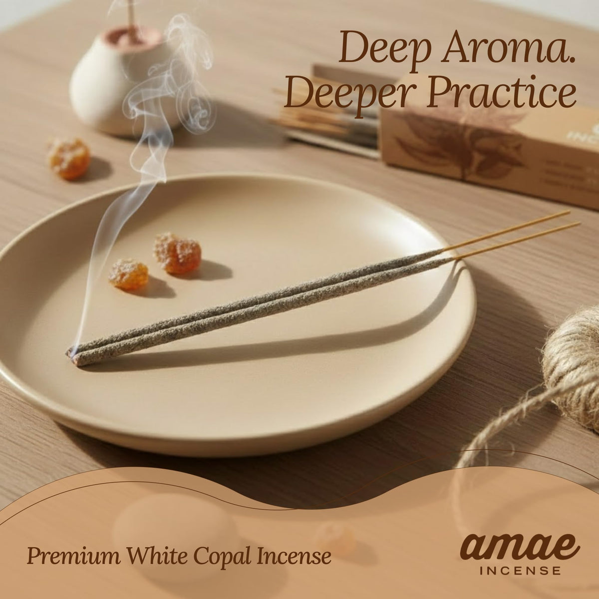 Amae White Copal stick close-up showing thick resin coating for rich fragrance.