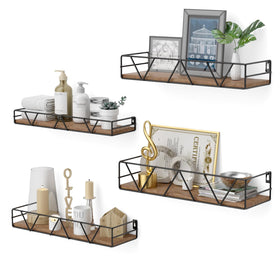 Amaoot floating shelves set4 front view shows sturdy wood and guardrail for safe display