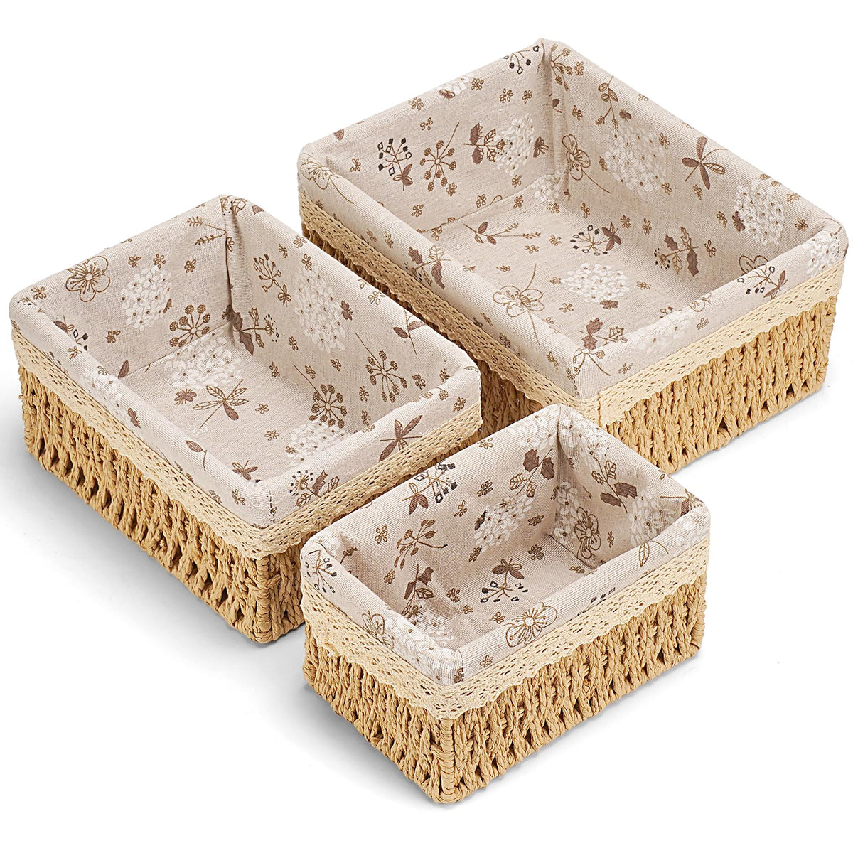 Amaredom floral wicker baskets set, front view, ideal for home organization.