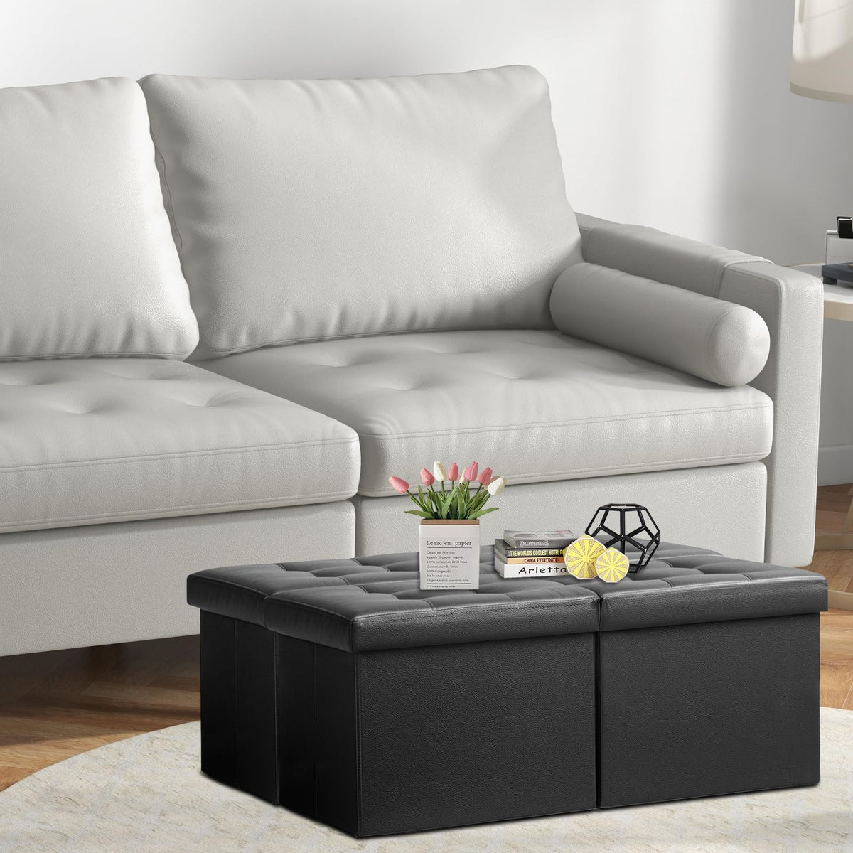 AmasSmile blanket-storage ottoman, keeps throws within reach in the living room.