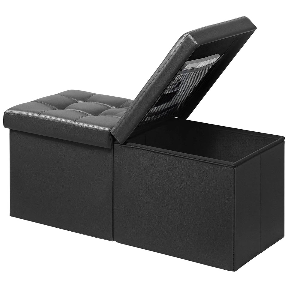 AmasSmile footrest ottoman with storage in black leather, roomy interior for blankets and cushions.
