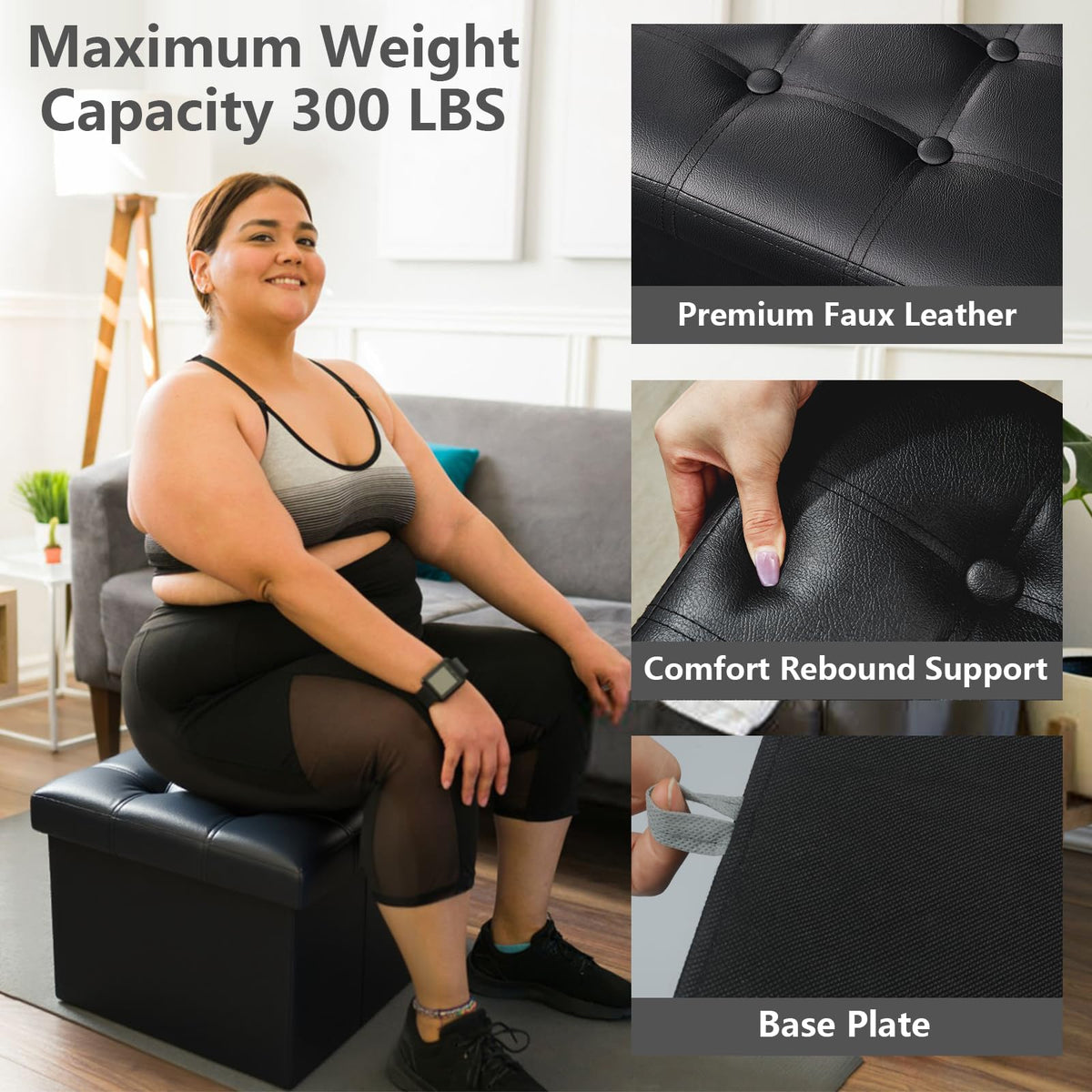AmasSmile ottoman used as coffee table, versatile living room piece.