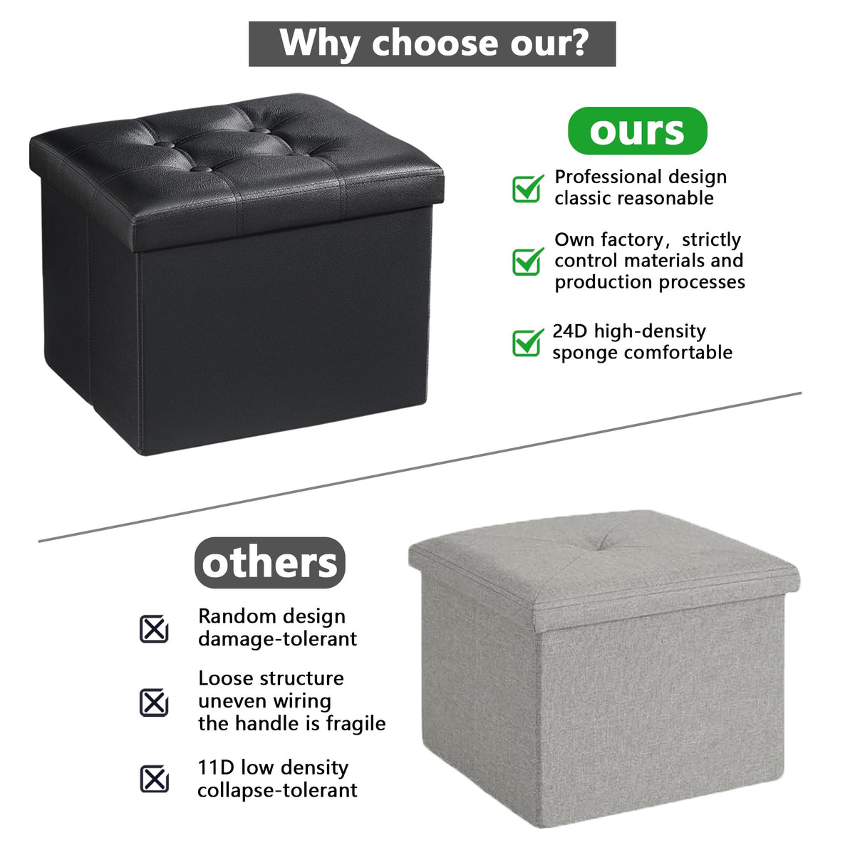 AmasSmile ottoman edge view in black, durable leather-like fabric.