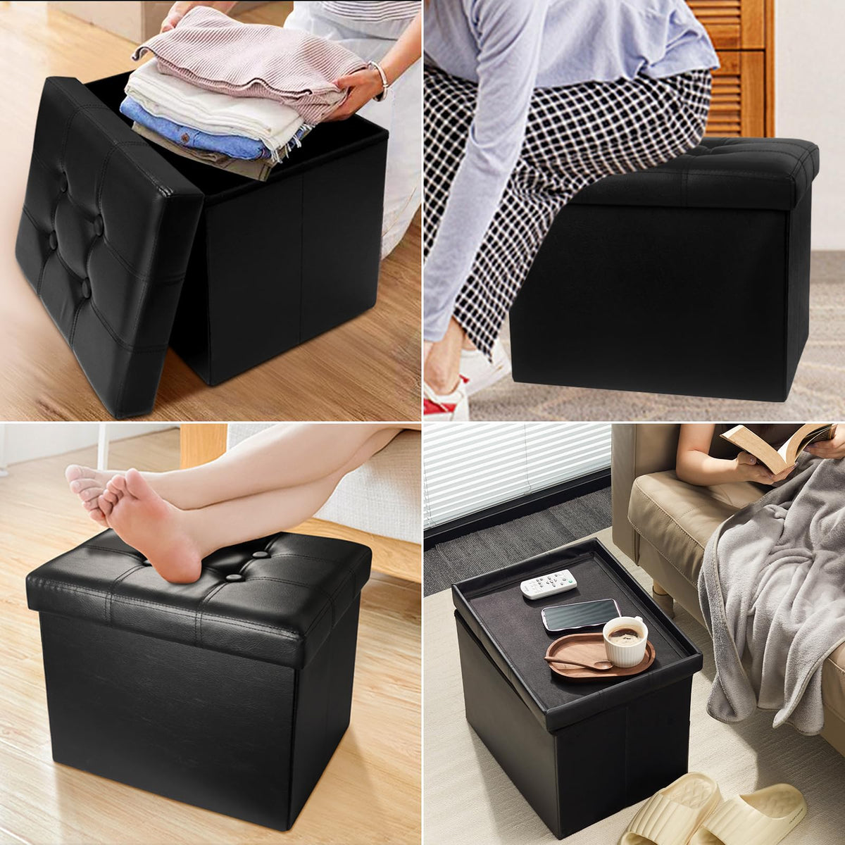AmasSmile ottoman lid open, showing 38L hidden storage.