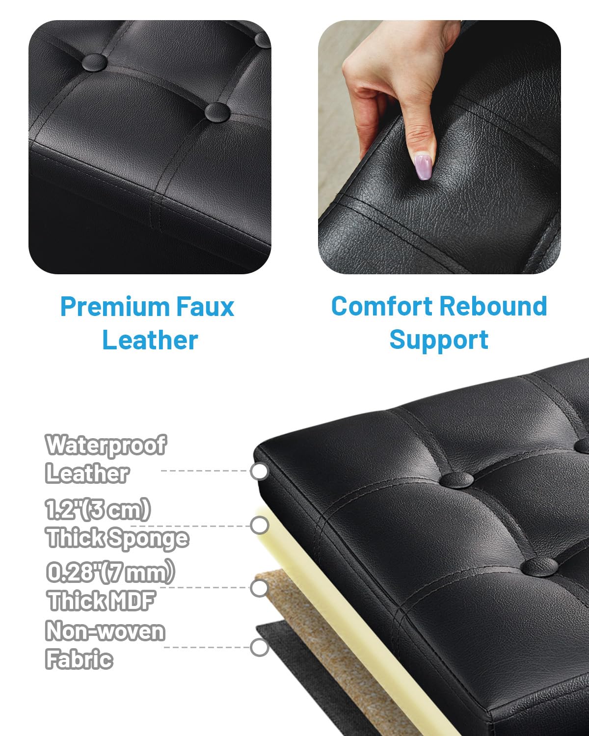 AmasSmile ottoman in living room with soft lighting, adds organization.