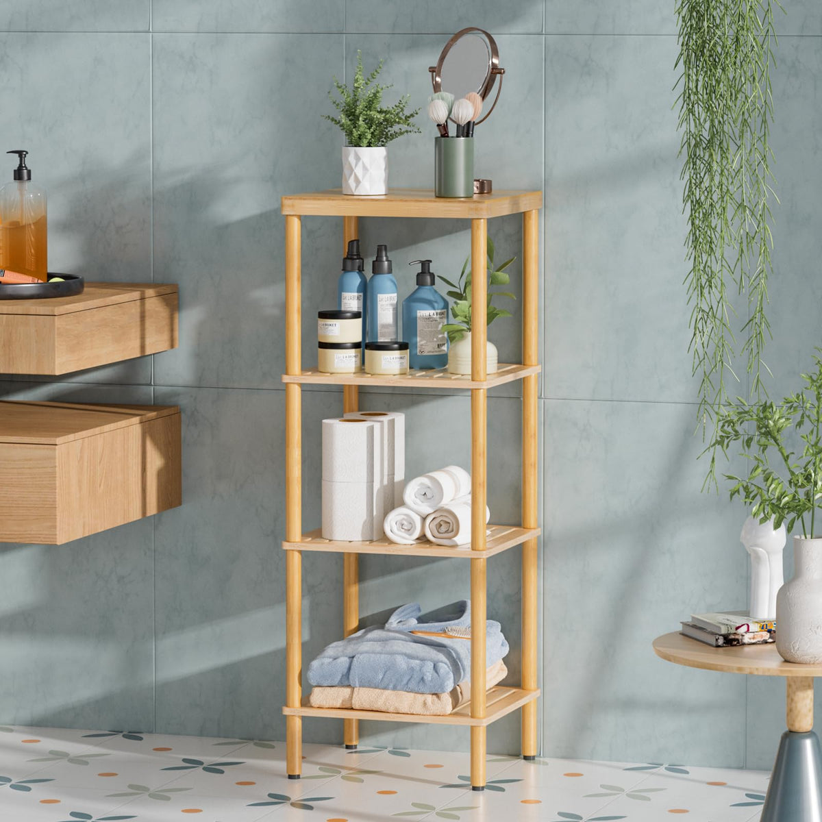 AmazerBath bamboo shelf surface clean and waterproof for damp areas.