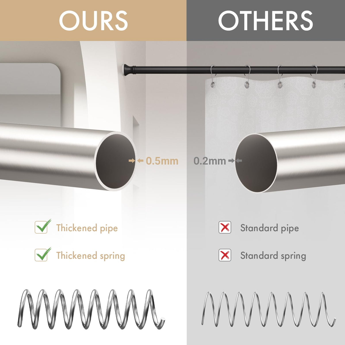 Amazer rod installed on tile, wallpaper, and wood surfaces for versatile setup