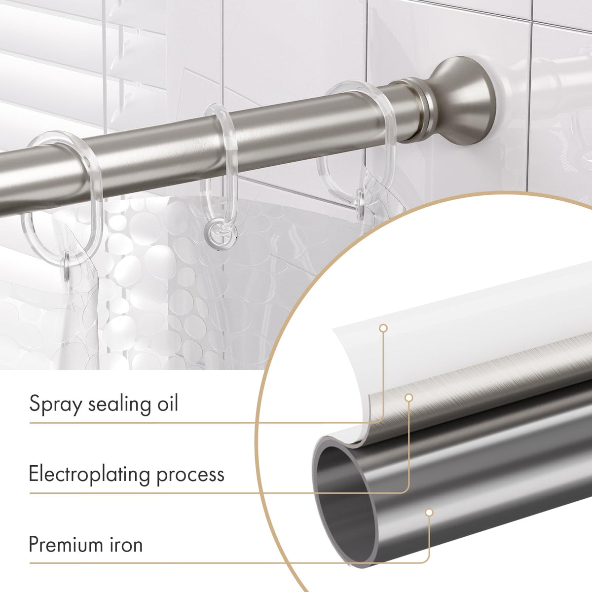 Amazer Spring Tension Shower Rod works on tile, wallpaper, and wood frames