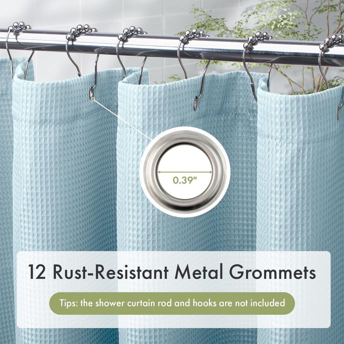 AmazerBath curtain features 12 rust-resistant grommets for secure hanging.