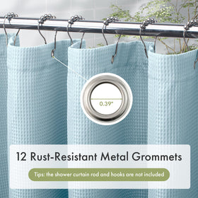 AmazerBath curtain features 12 rust-resistant grommets for secure hanging.