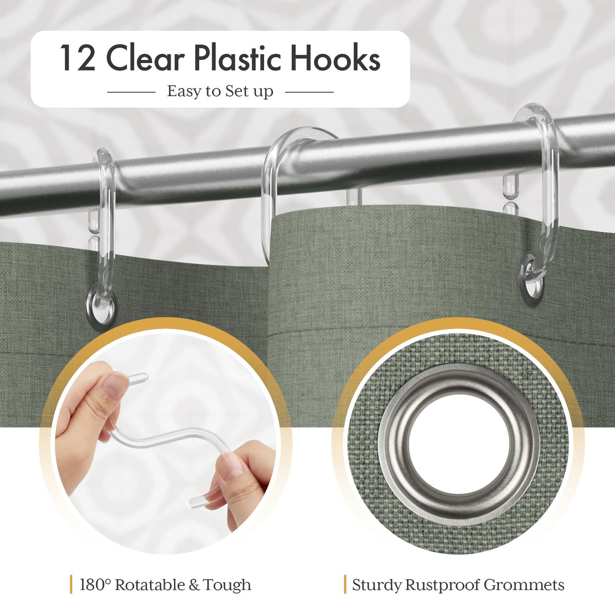 AmazerBath 12 rust-resistant grommets provide reliable hanging for shower setups.