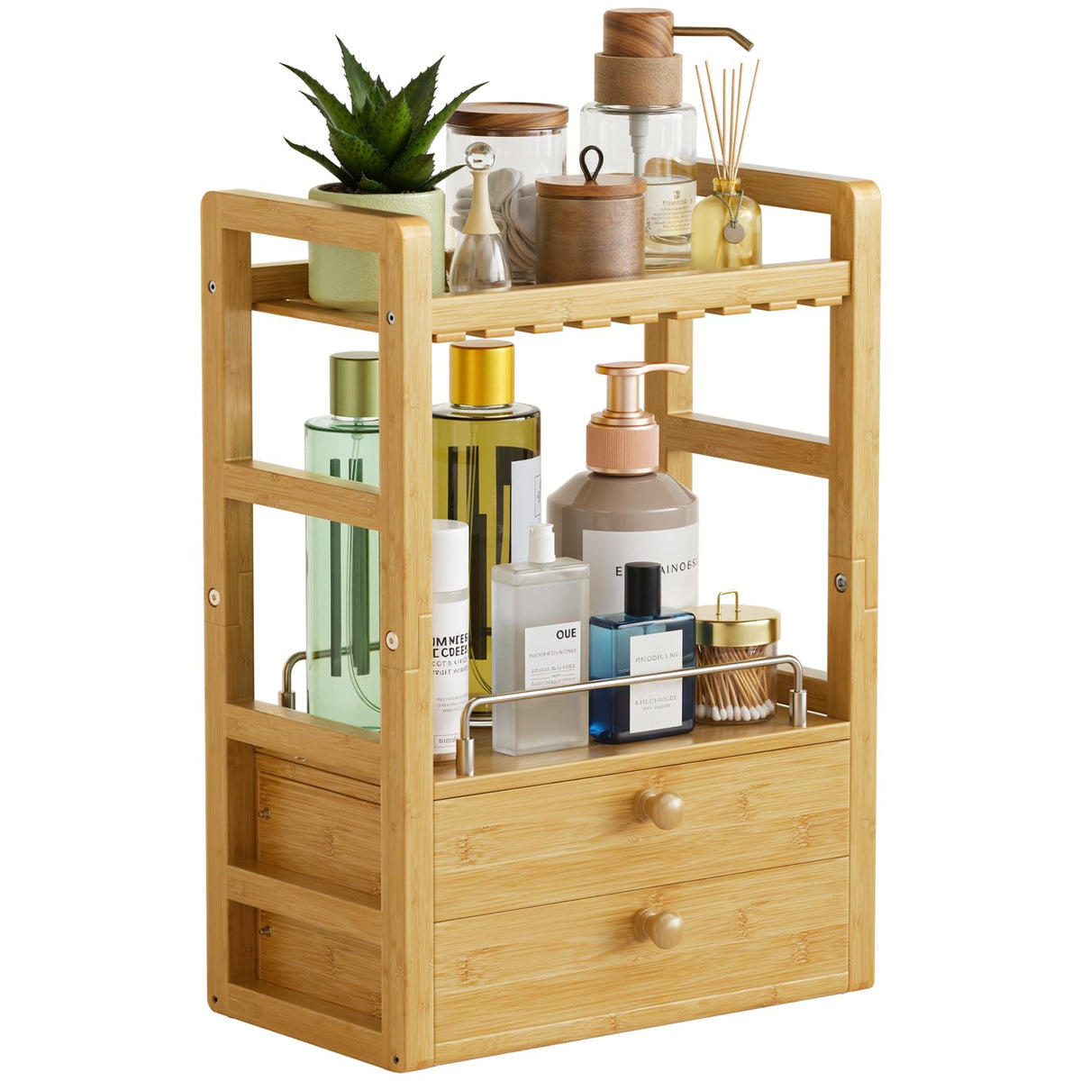 AmazerBath bamboo countertop organizer with pull-out tray for easy access to essentials