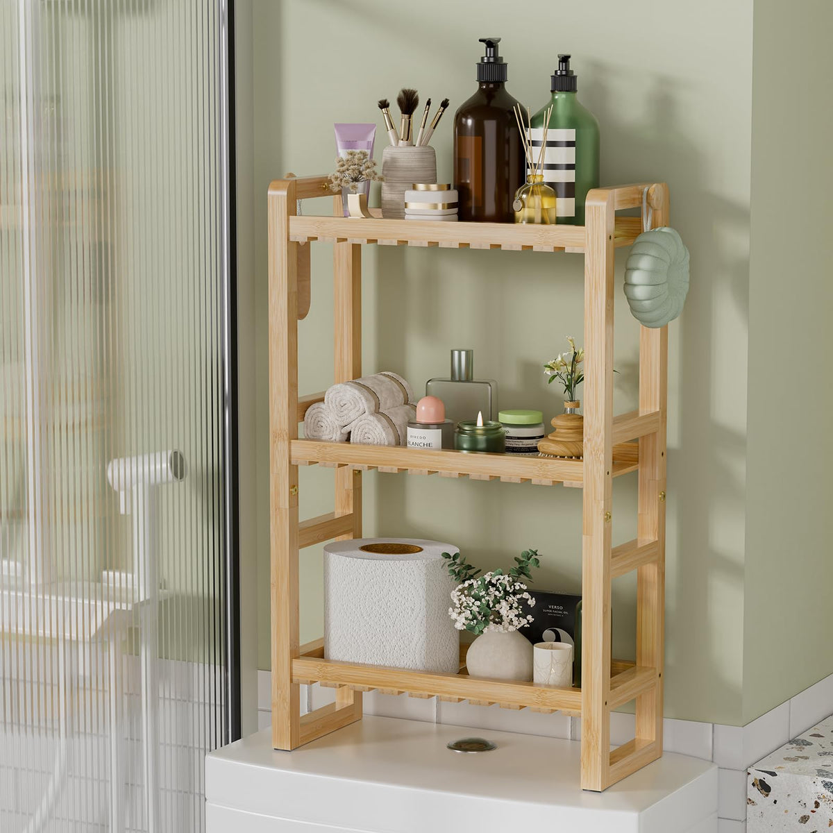 AmazerBath bamboo over-toilet shelf offers sturdy three-tier storage for compact bathrooms.