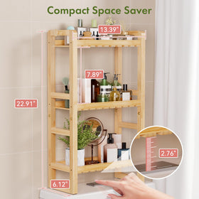AmazerBath bamboo shelf installed over the toilet adds organized storage space.
