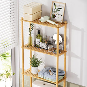 AmazerBath bamboo toilet shelf side view, sturdy frame ideal for towels and toiletries.