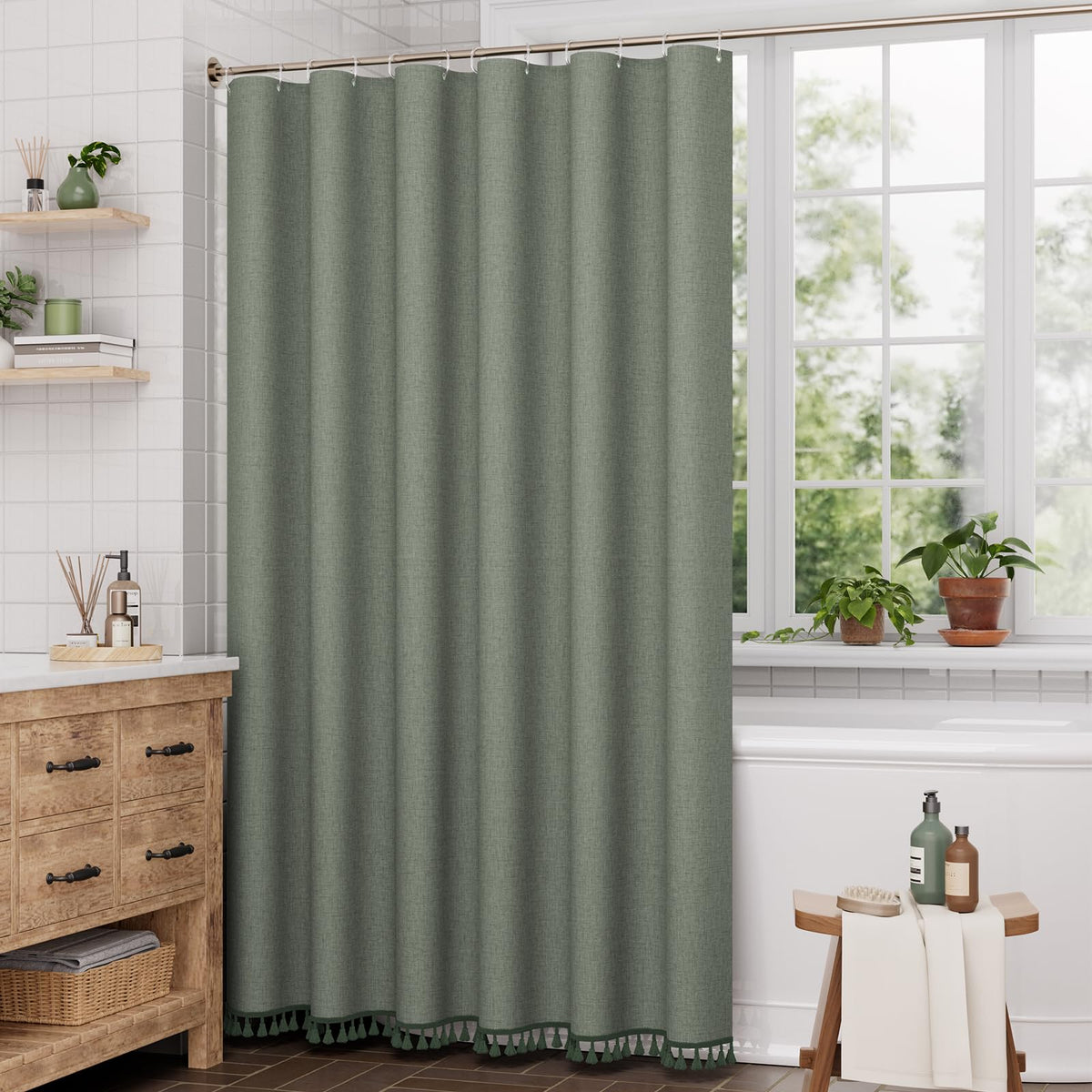 AmazerBath sage green curtain supports water resistance with liner inside for higher protection.