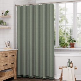 AmazerBath sage green curtain supports water resistance with liner inside for higher protection.