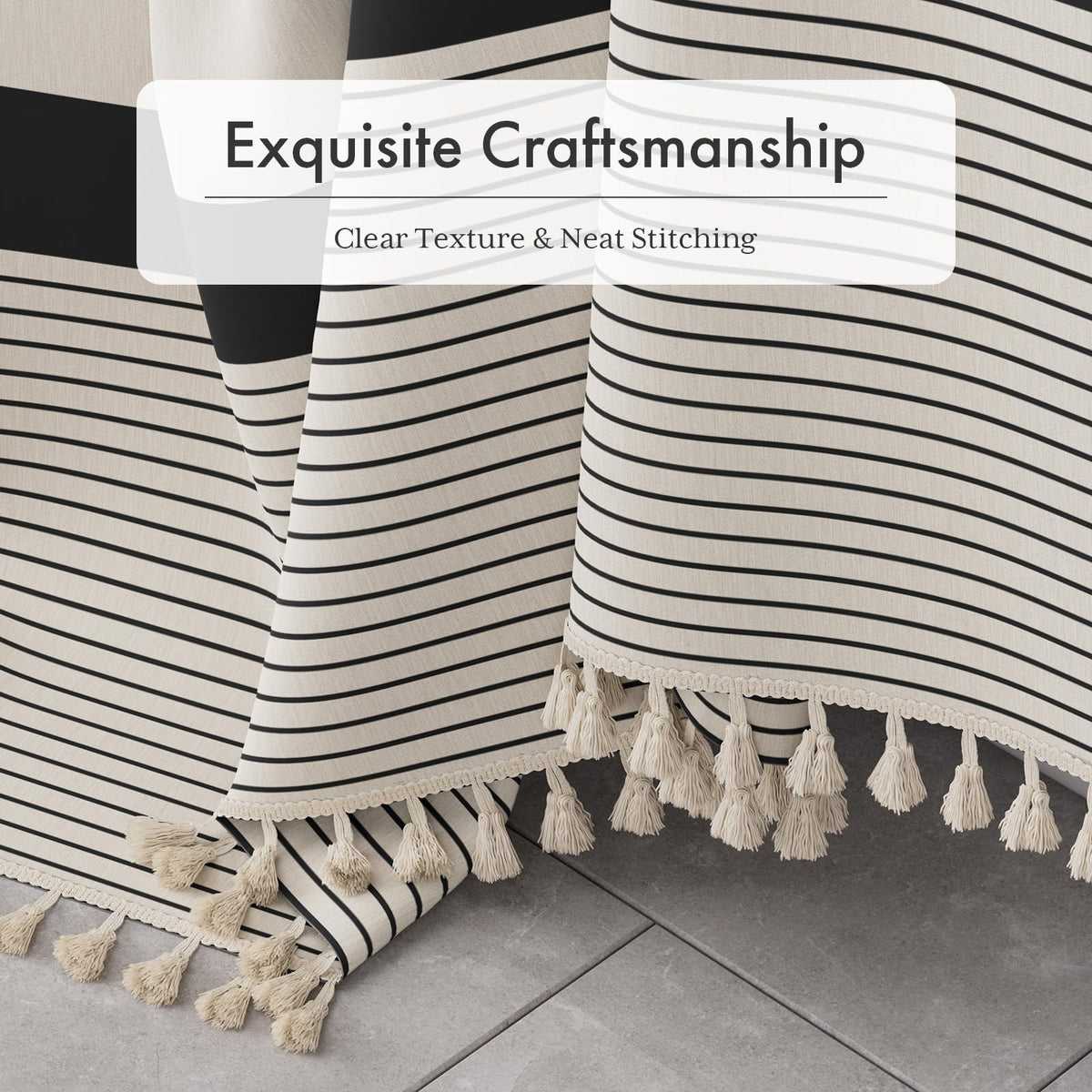 AmazerBath black striped curtain enhances modern farmhouse style.