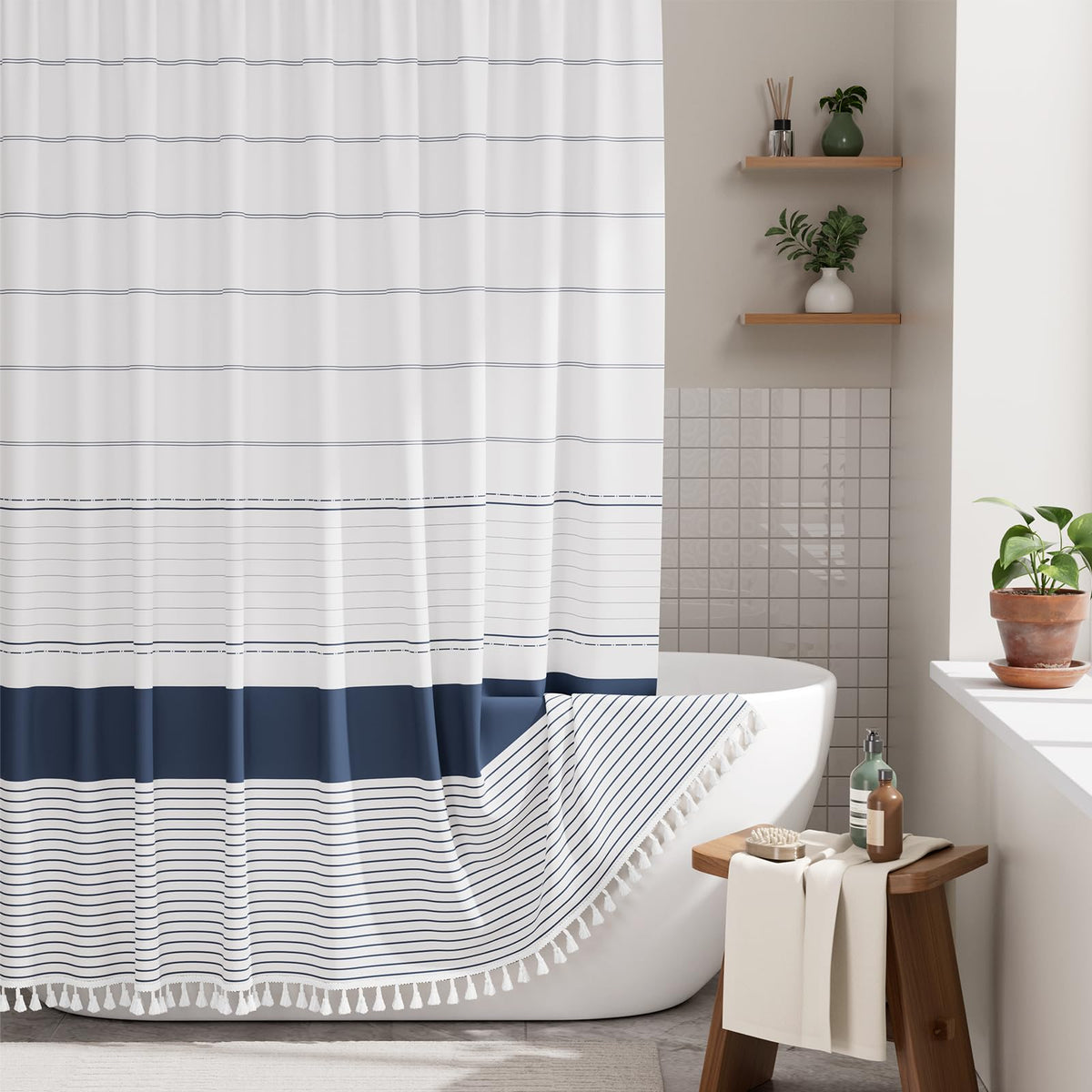 A AmazerBath boho shower curtain with navy stripes adds stylish privacy and easy maintenance.