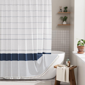 A AmazerBath boho shower curtain with navy stripes adds stylish privacy and easy maintenance.