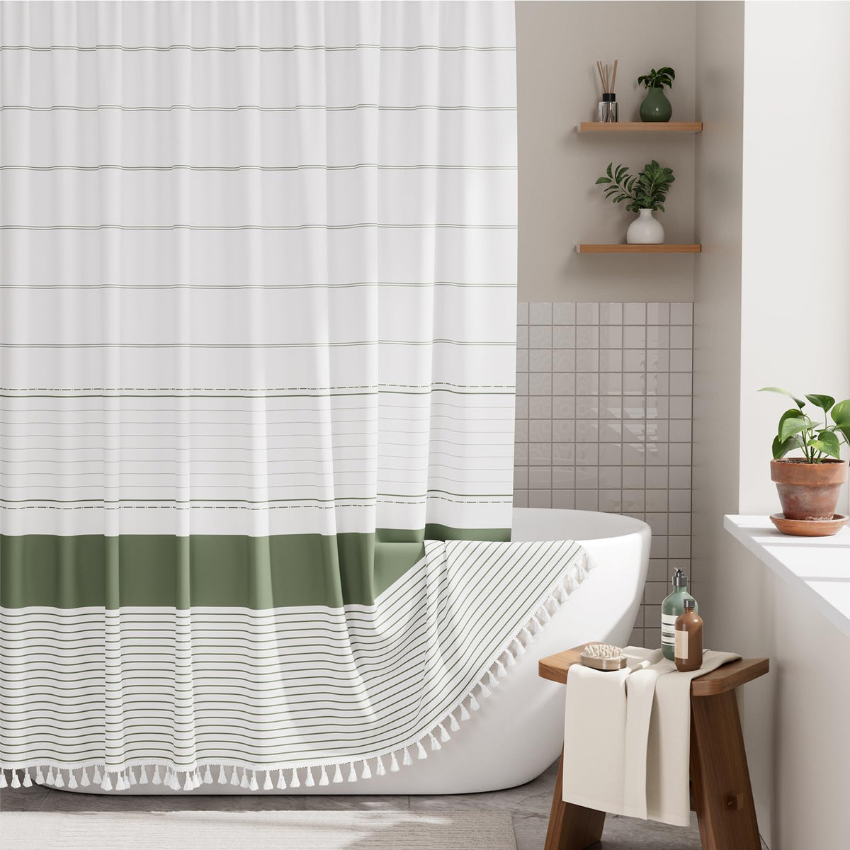 AmazerBath boho shower curtain with sage green stripes enhances calm bathroom decor.