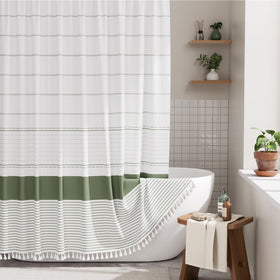 AmazerBath boho shower curtain with sage green stripes enhances calm bathroom decor.
