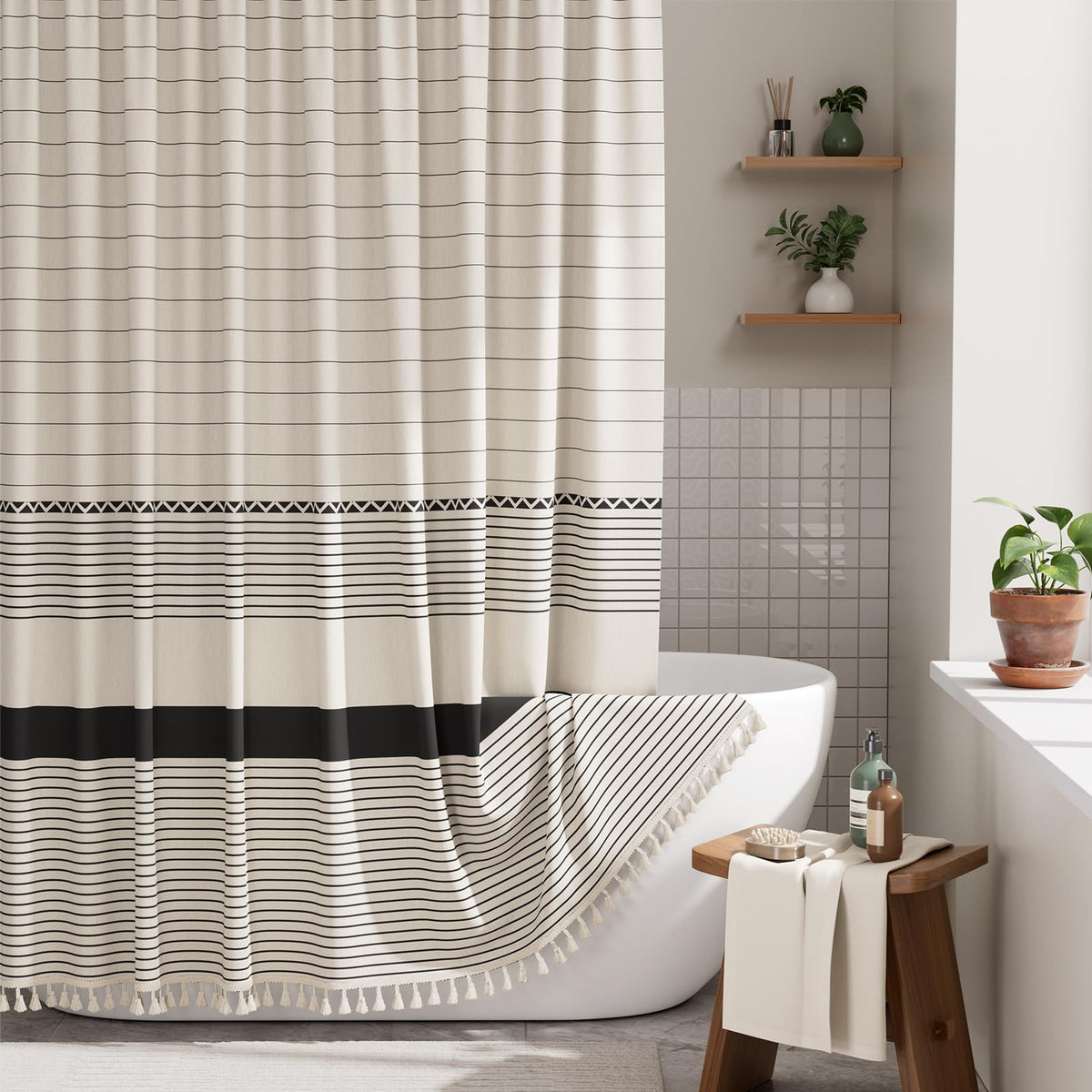 AmazerBath boho shower curtain tassels add cozy texture for a chic bathroom.