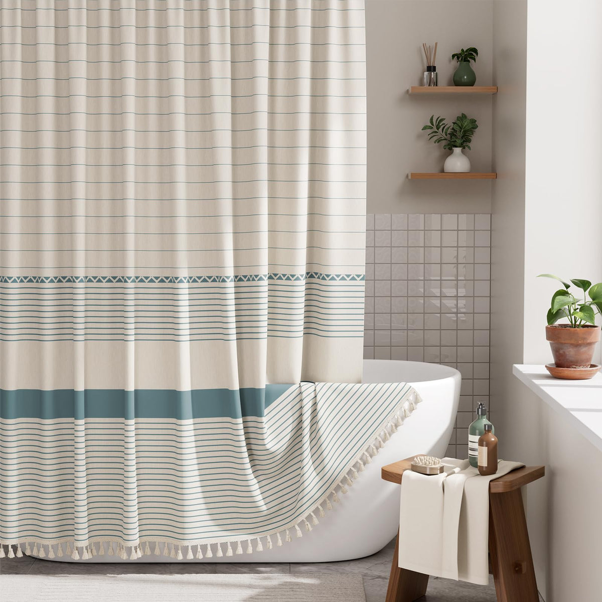 AmazerBath faux linen-look curtain in blue stripes adds rustic charm with easy upkeep.