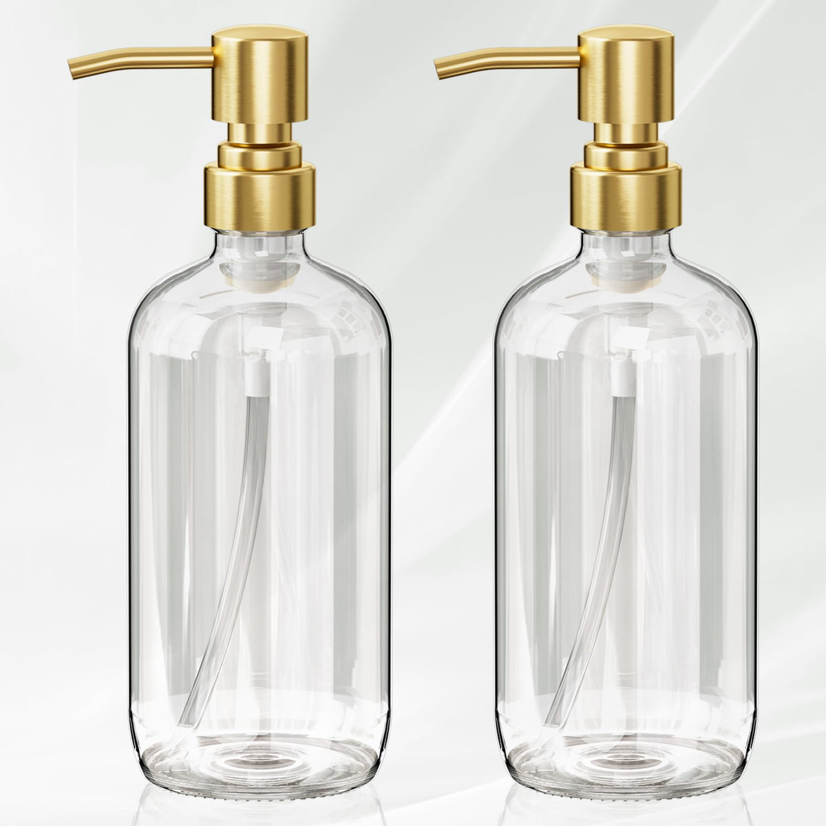 AmazerBath glass soap dispenser set with two bottles, stylish and durable for kitchen or bath