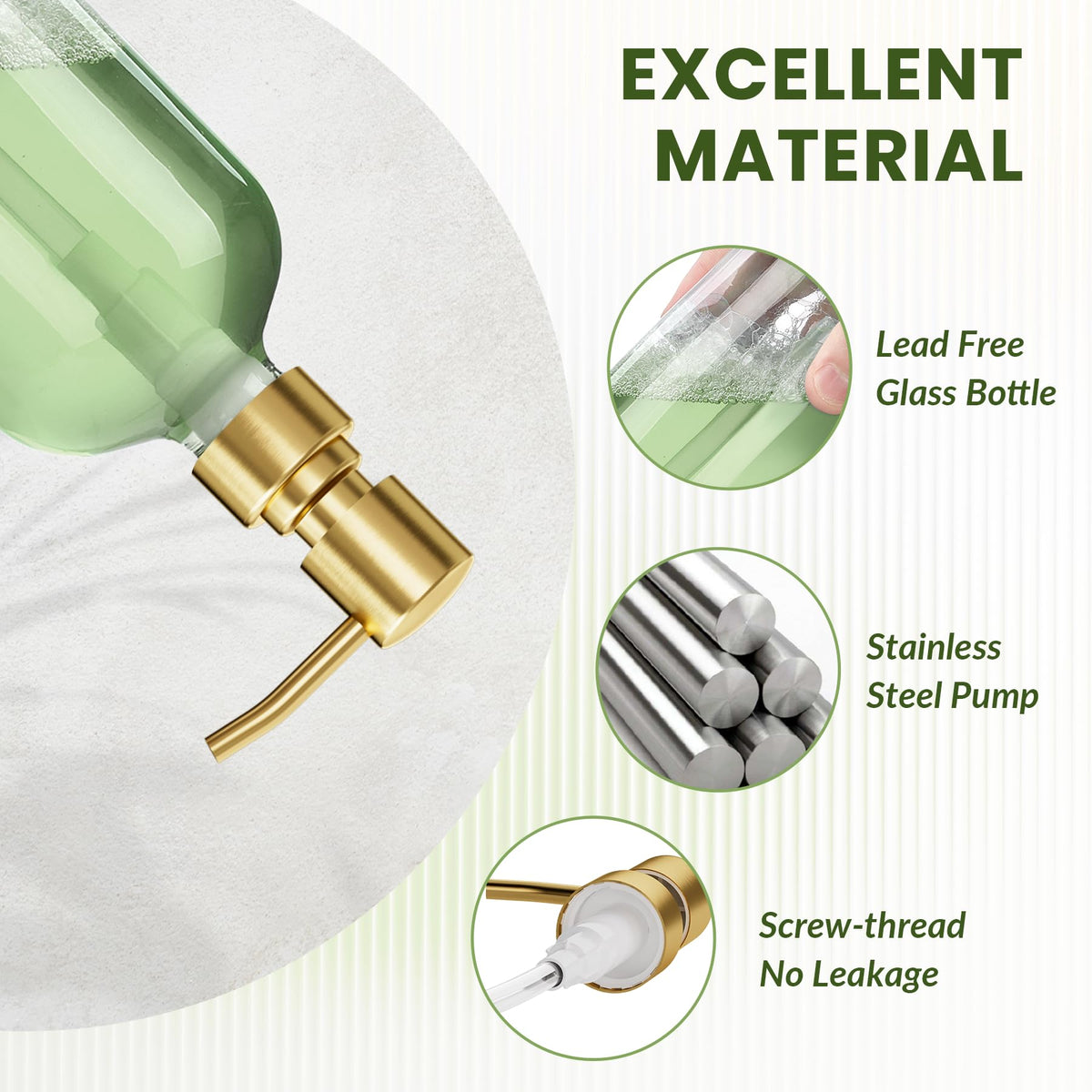 Close-up of AmazerBath gold pump on glass dispenser for elegant use