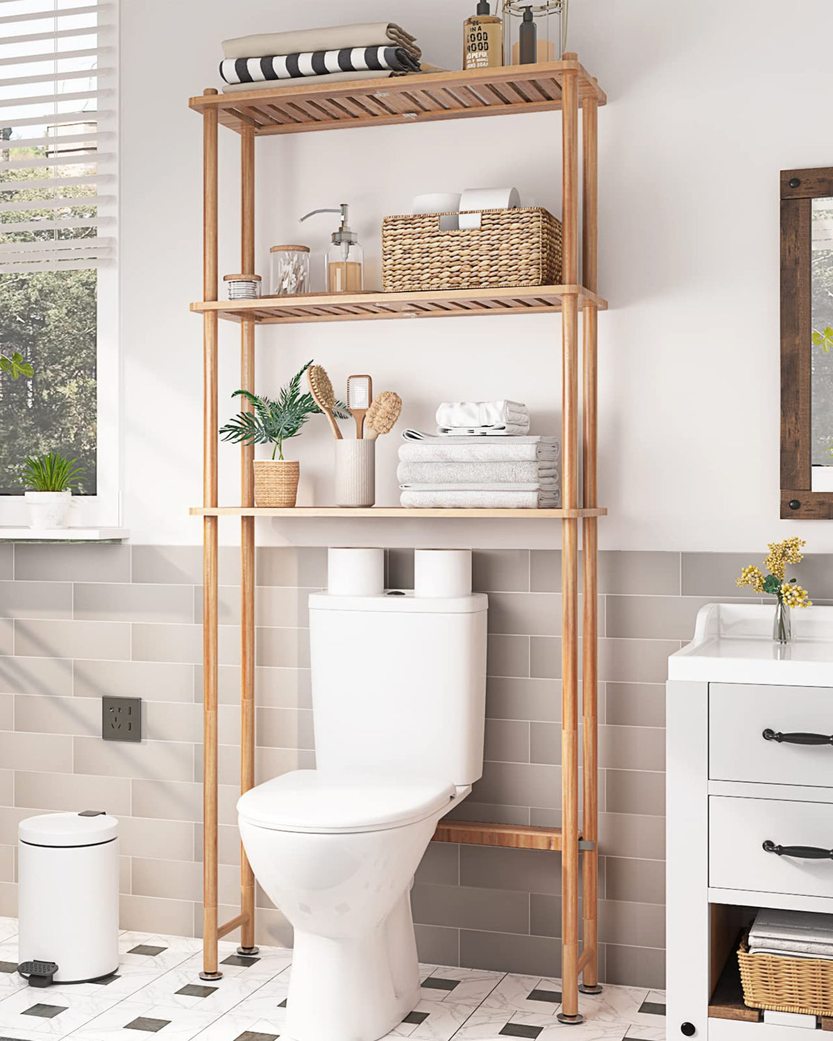 AmazerBath over-the-toilet storage bamboo, three-tier design for space-saving organization.