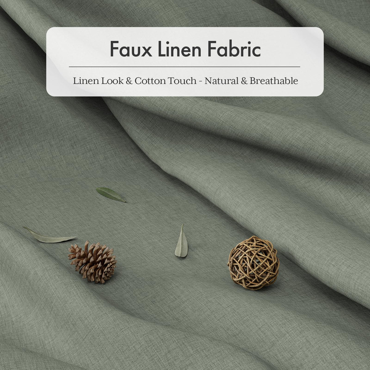 AmazerBath sage green shower curtain closeup showcases soft faux linen texture.