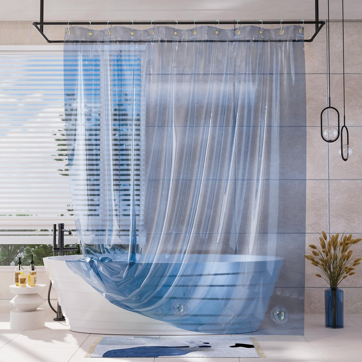AmazerBath shower curtain 72x72 clear panel enhances brightness while staying durable
