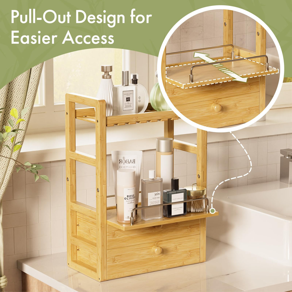 A AmazerBath vanity organizer showing two drawers for small items