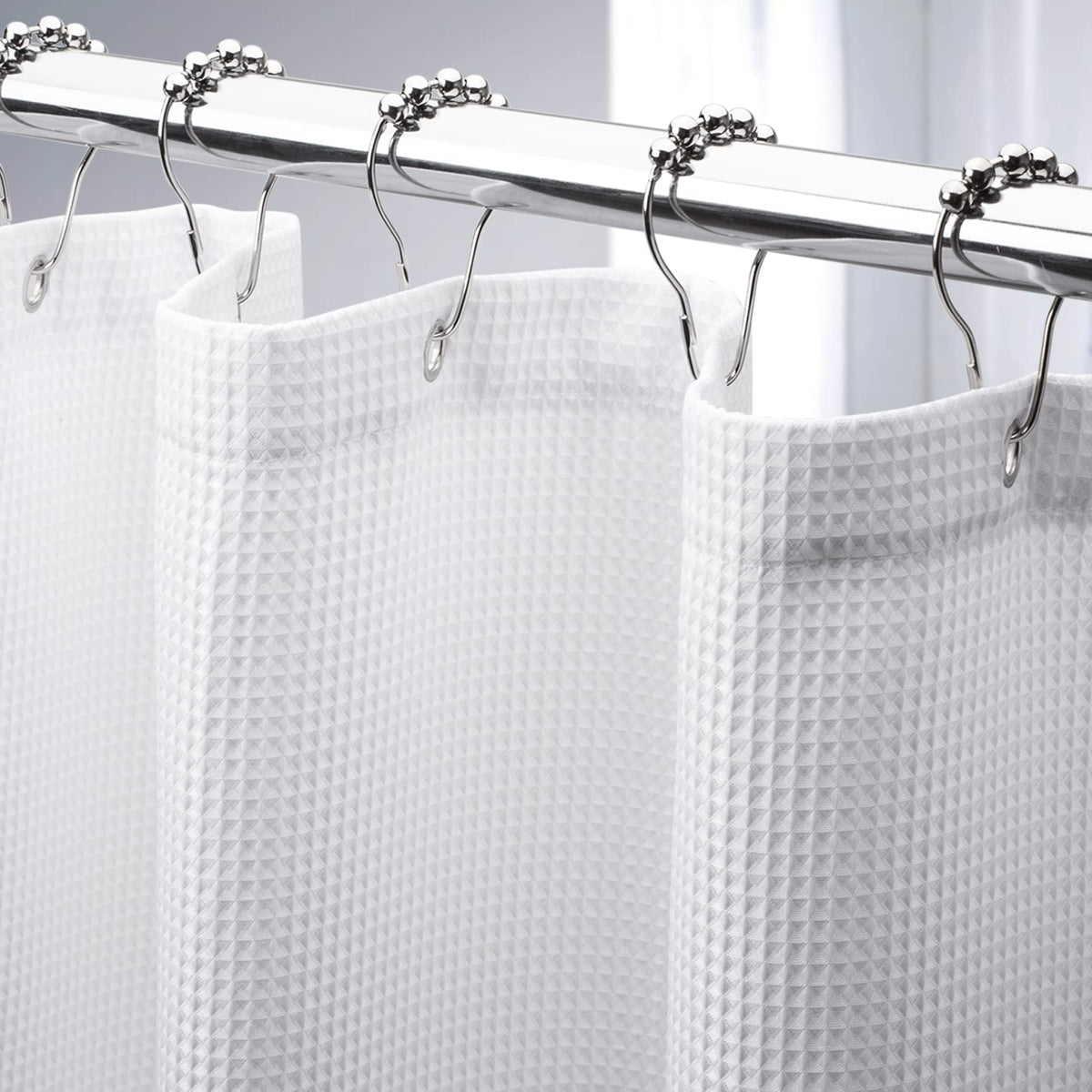 AmazerBath waffle shower curtain 72x96 in white with durable fabric and hotel-like texture.