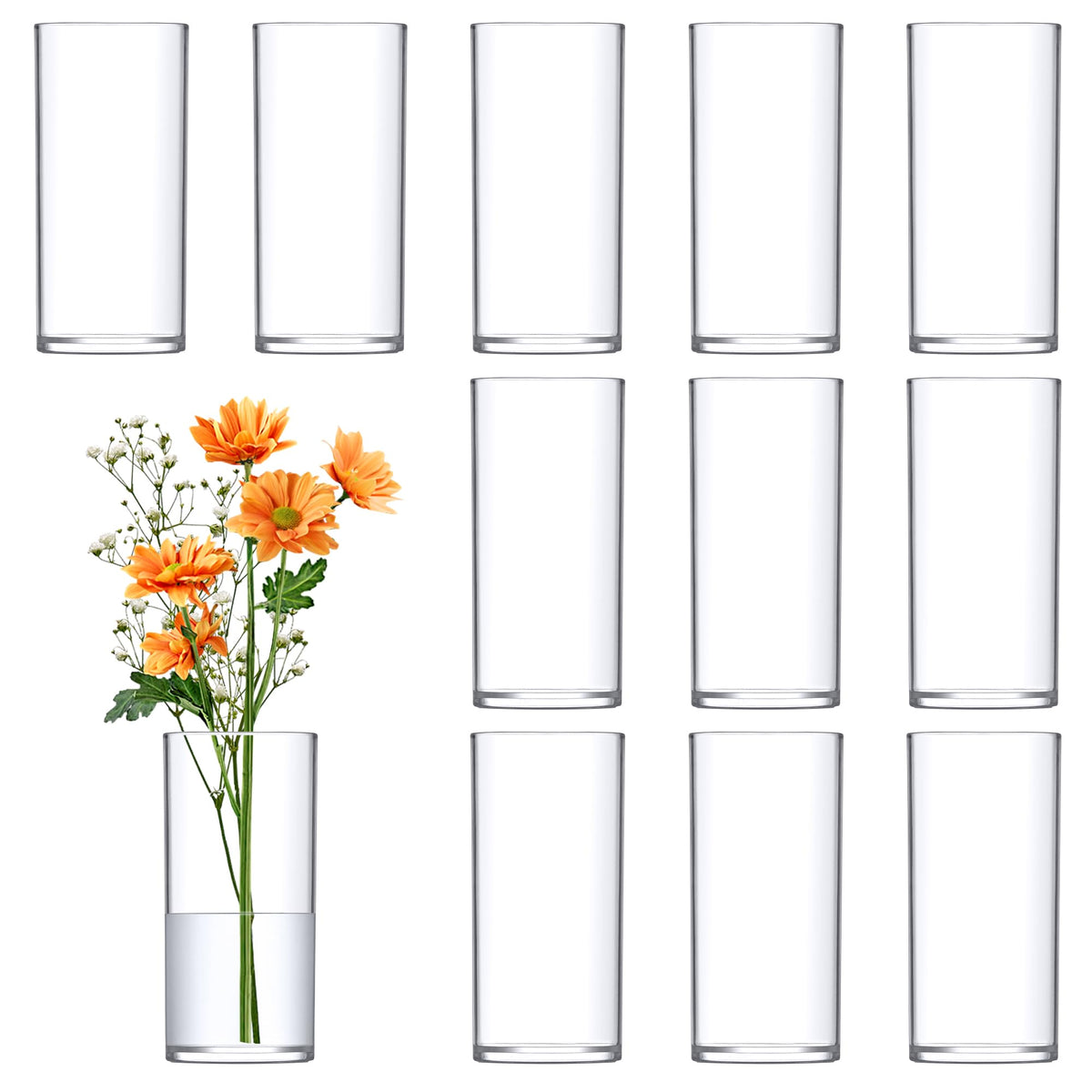 Amazing Abby Viola Piccolo plastic cylinder vases in a 12-piece set for versatile centerpieces.