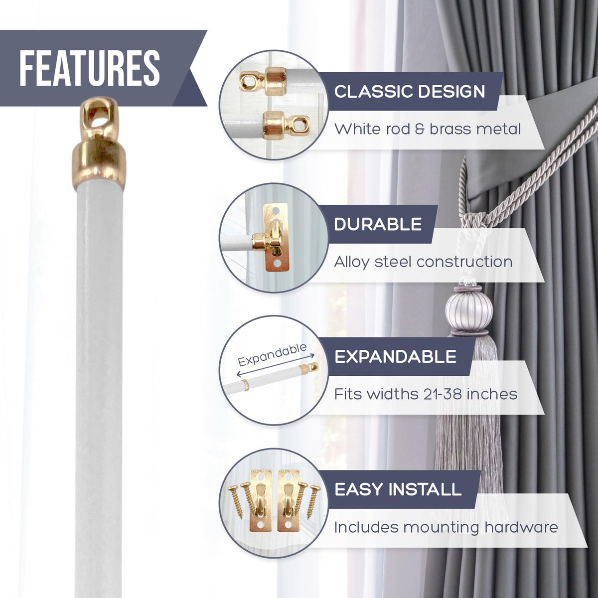 Adjustable length 21-38 inches for doors, windows, or sidelight openings.