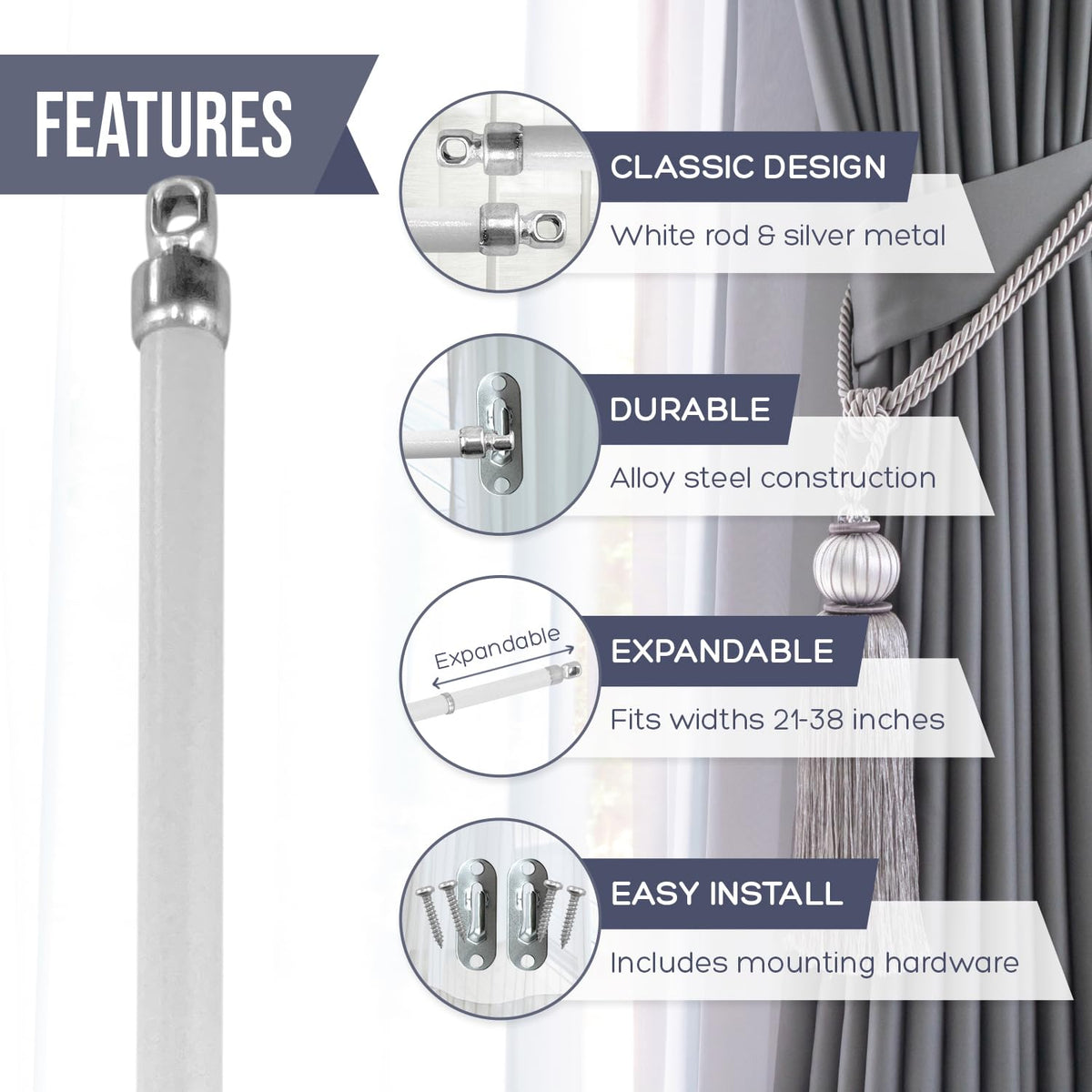 Amazing Drapery Hardware includes hardware for quick, no-fuss installation.